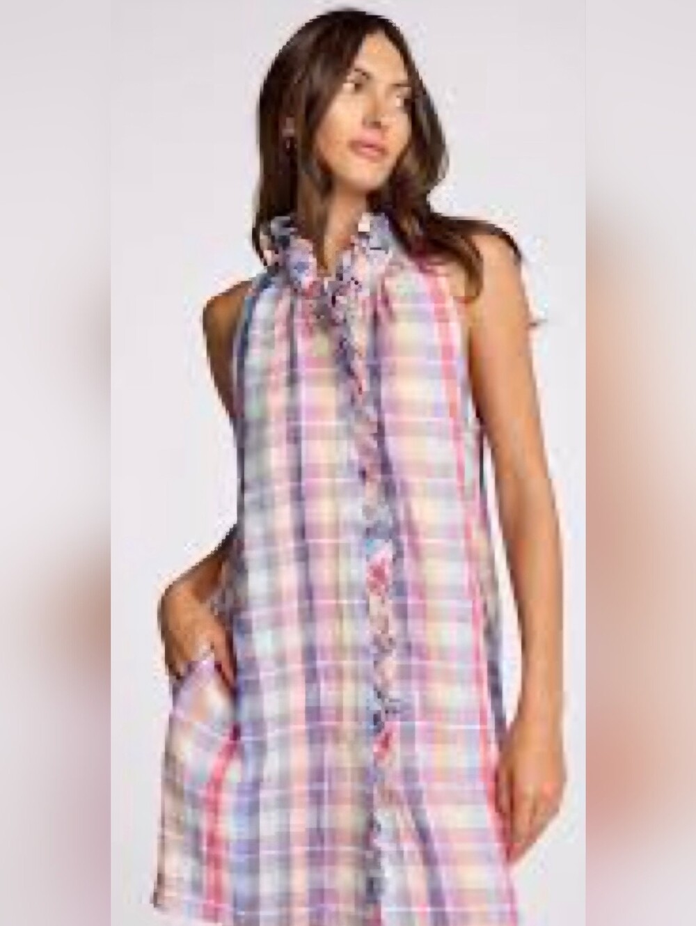 Sundays By Anthropologie 100% Linen Plaid Gaelle Dress  in Rainbow Plaid Large